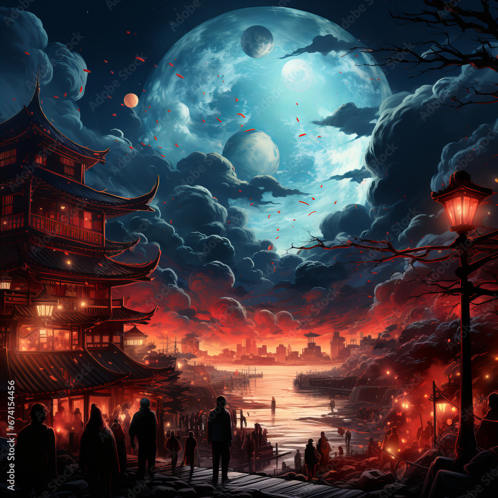 Ancient pagodas stand tall under the watchful moons