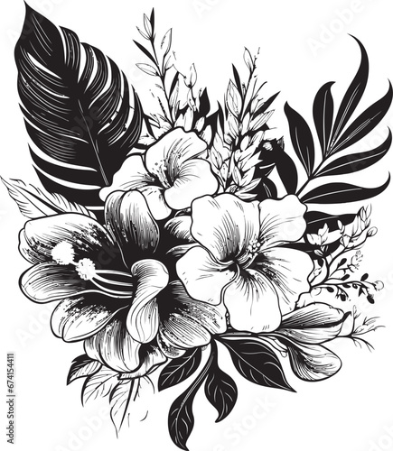 Tropical Splendor Botanical Floral Emblem in Black Black Beauty Exotic Floral Logo Mastery