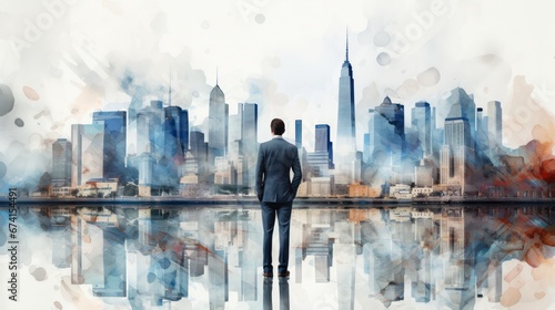Business man and the beautiful city watercolor painting.