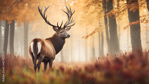 Stunning image of red deer stag in foggy Autumn colorful forest landscape image