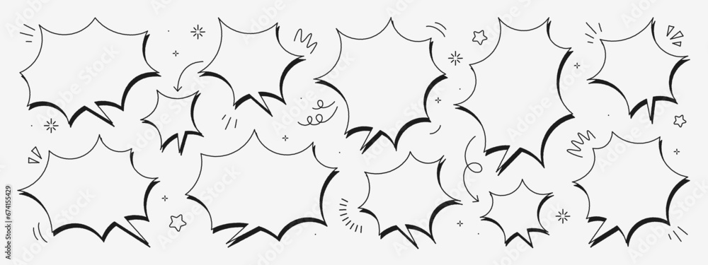 Naklejka premium Vector chat speech or dialogue. Set of hand-drawn speech bubbles. There are icons such as arrows, dots, and sparkles.