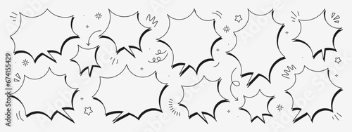Vector chat speech or dialogue. Set of hand-drawn speech bubbles. There are icons such as arrows, dots, and sparkles.