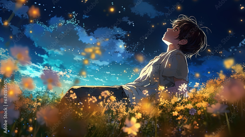 Fototapeta premium a young man sitting on flower field looking at starry night sky, anime illustration, Generative Ai