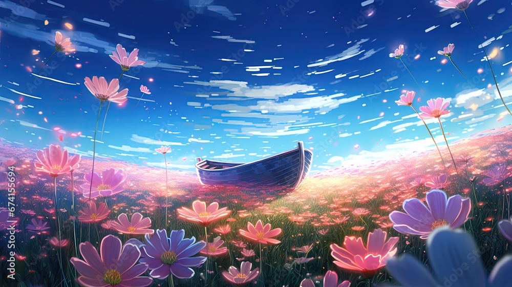 a wooden row boat on flower field with blue sky, anime cartoon backdrop, Generative Ai a wooden row boat on flower field with blue sky, anime cartoon backdrop, Generative Ai