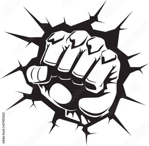 Exquisite Force Art Fist and Wall in Black Vector Cartoon Heroics Black Logo with Punching Fist