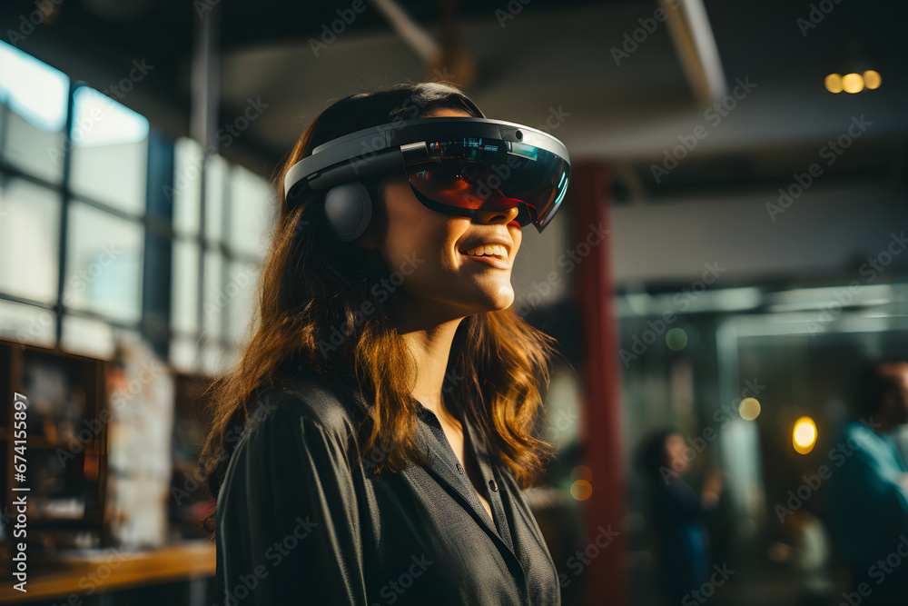 woman wearing AR glasses headset at the office woman wearing AR glasses headset at the office
