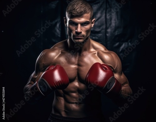 Male athlete with a naked torso wearing boxing gloves. Sport. © Restyler