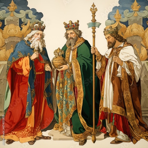 Reyes Magos. Three kings day, brought gifts to Jesus Christ after learning of Messiah's birth Three wise men magicians priests banner greeting card copy space.