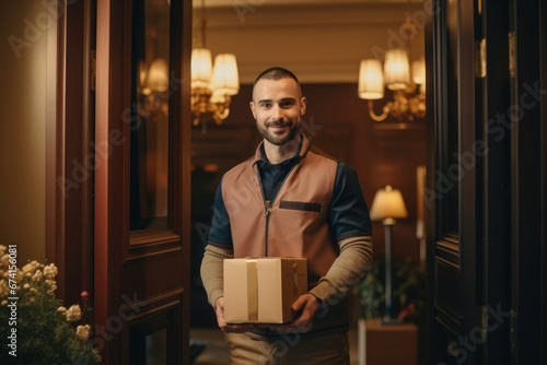 A friendly smiling man in a postman's uniform with a parcel. Mail, delivery, parcel.