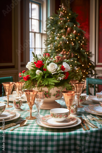 Christmas dinner table setting with red and white roses and Christmas tree, vertical, winter holiday season, tablescape
