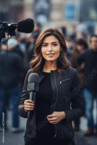 woman public speaker giving speech or breaking news reporter covering live event for news media and television press headlines standing in the middle of the street holding microphone