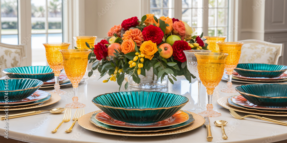 Dinner table setting with colorful floral centerpiece, yellow gold glasses and blue glass bowls, wide