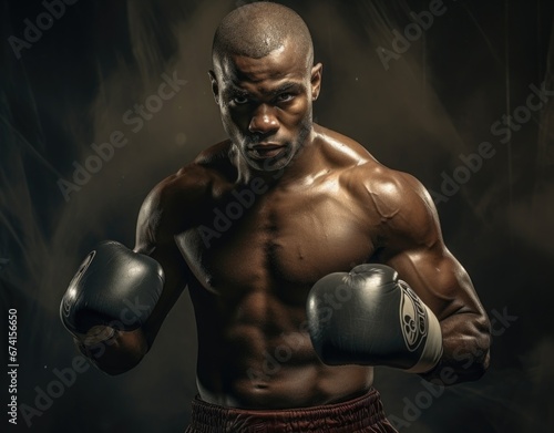 Male athlete with a naked torso wearing boxing gloves. Sport. © Restyler