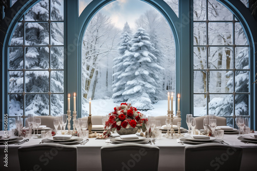 Christmas dinner table setting with candles and roses, windows looking on snow covered trees, winter holiday season, tablescape © Sunshower Shots