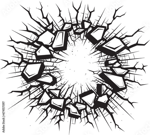 Action Packed Art Black Broken Wall Logo Vector Icon Kapow Comic Book Design Broken Wall Emblem in Black