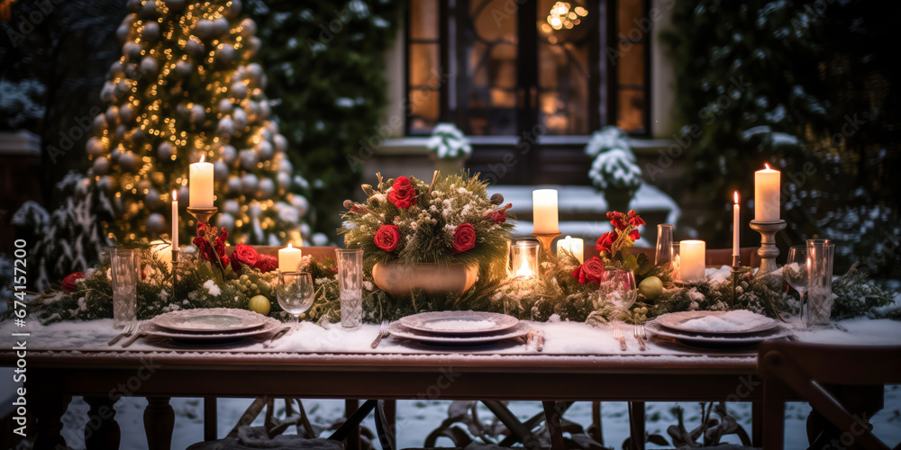 Christmas outdoor dinner table setting with tree, flowers and candles at night, red and green, wide, winter holiday season, tablescape