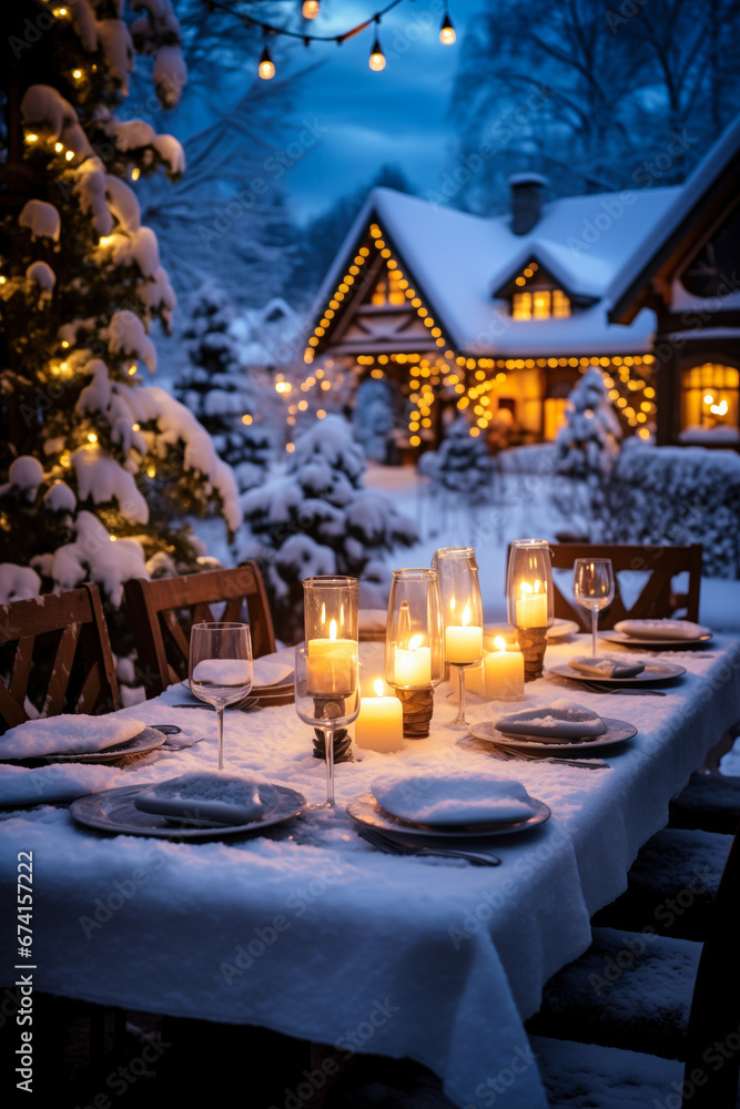 Christmas outdoor dinner table setting at night with snow covered home, candles and lights, vertical, winter holiday season, tablescape Christmas outdoor dinner table setting at night with snow covered home, candles and lights, vertical, winter holiday season, tablescape