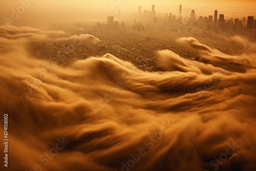 City engulfed in swirling sandstorm. Generative AI