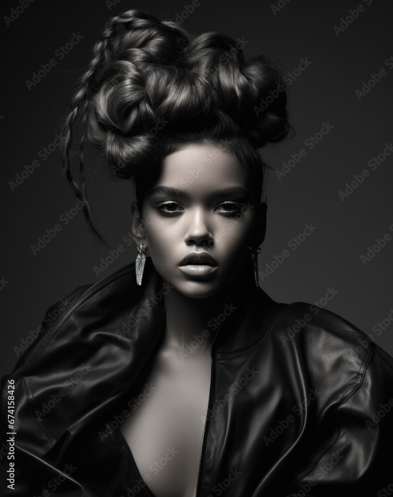 Black and white image of a beautiful African American woman. Fashion and beauty.