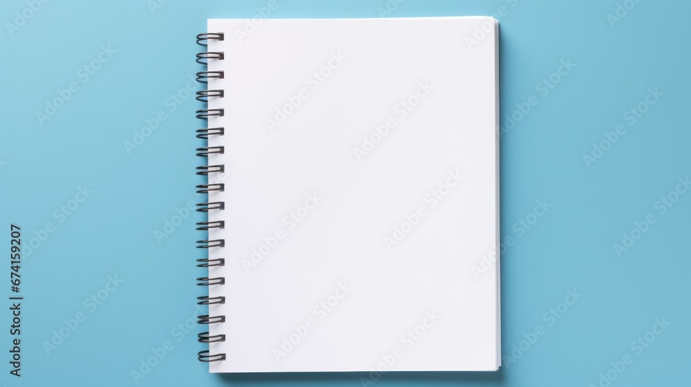 Mockup. A clean open notebook with blank sheets on a clean light blue background. Top view. Flat lay. With copy space. Template for design. Spiral organizer. Close up. Mockup. A clean open notebook with blank sheets on a clean light blue background. Top view. Flat lay. With copy space. Template for design. Spiral organizer. Close up.