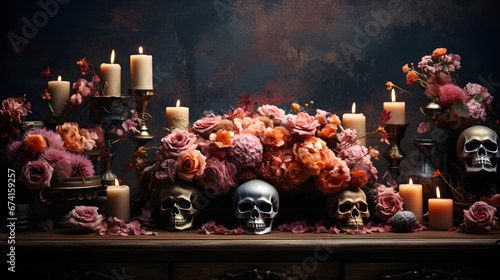 Altar in memory of our beloved and unforgettable deceased in the celebration of the day of the dead, decorated with skulls, flowers and candles with empty photo frame,Halloween mockup
