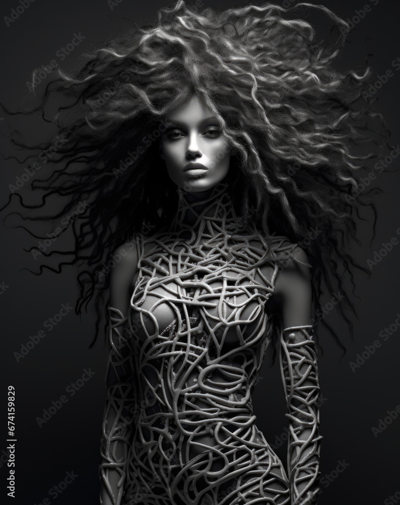 Black and white image of a woman in a strange wicker dress. Fashion and beauty