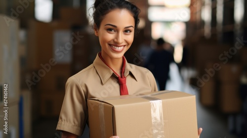 Friendly smiling woman in a postman's uniform with a parcel. Mail, delivery, parcel.