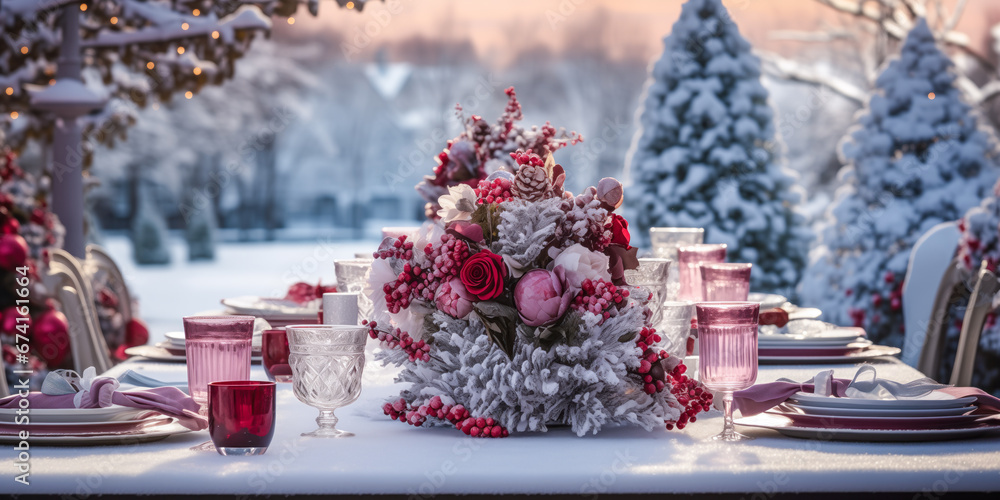 Winter outdoor dinner table setting in the forest snow with flowers centerpiece, red and white, wide, romantic, Valentine's Day, holiday season, tablescape