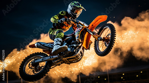 Supercross motocross motorcycle biker jumping on fire flames photo