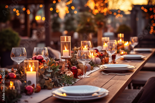 Christmas outdoor dinner table setting with garland and candles at night, winter holiday season, tablescape photo
