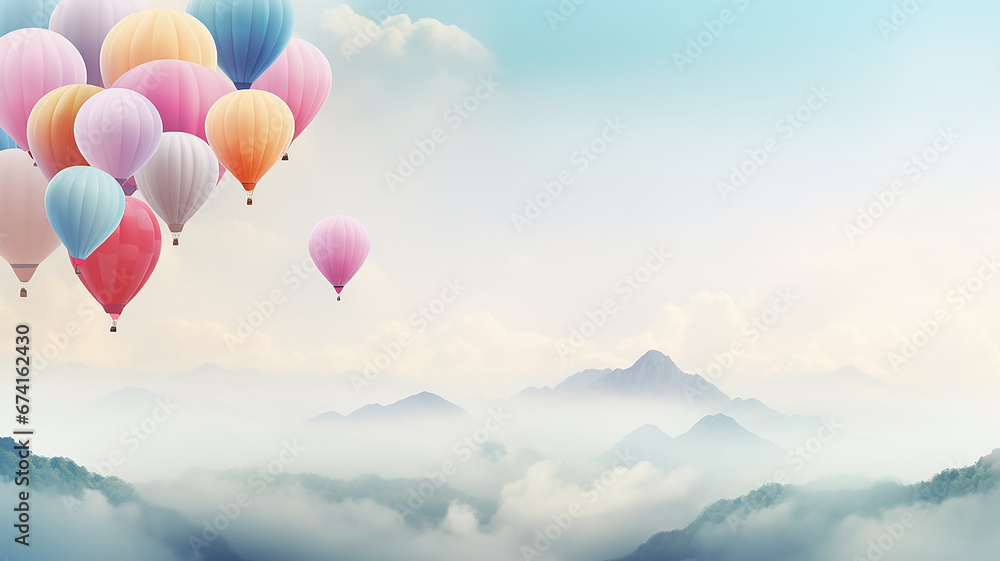 panorama of multicolored balloons in the sky above the clouds, background, space, freedom and happiness