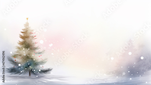 watercolor illustration decorated Christmas tree on a light white background  delicate empty blank for greeting text postcard soft color