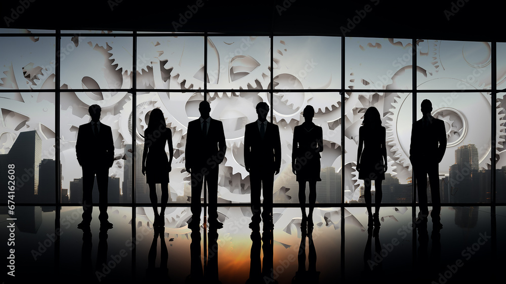 flat silhouettes of a group of people businessmen in a row against the background of a complex mechanism of gears mechanical engineering, the concept teamwork flat silhouettes of a group of people businessmen in a row against the background of a complex mechanism of gears mechanical engineering, the concept teamwork