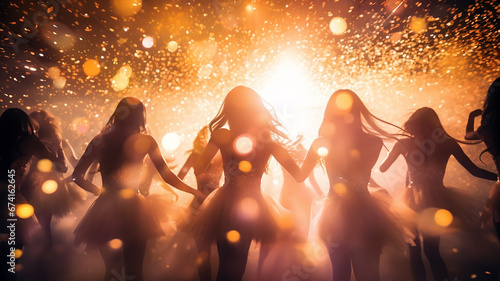 summer disco dancing girls in a nightclub, holiday blurred background in motion, rays of light and confetti abstract background music and dancing orange and yellow
