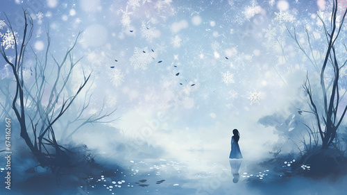 watercolor winter background, female silhouette in light blue tones, blurred snowfall, snowflakes falling, festive girl copy space for a greeting card or postcard