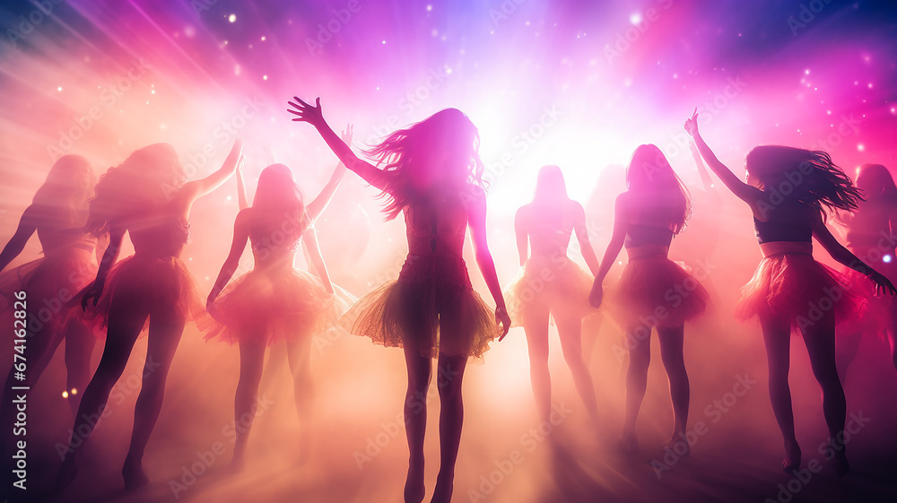 dancing girls in a nightclub, rays of multicolored light illumination, blurred abstract background view from the back at a concert or disco