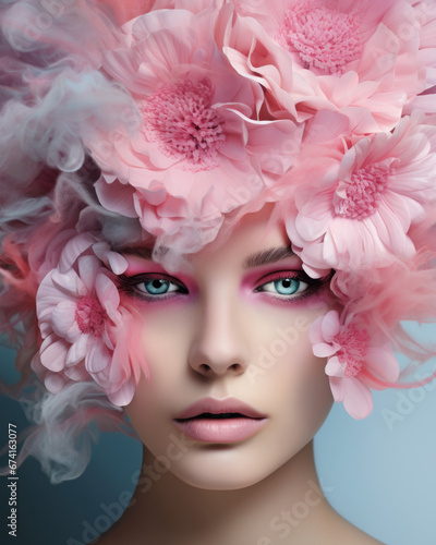 Fashion portrait of a woman with flowers. Pink tones, old-fashioned.