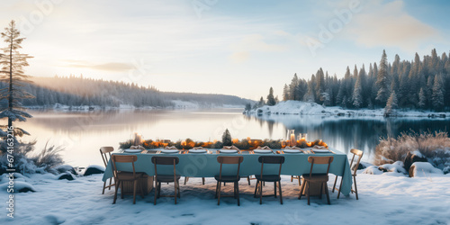 Winter outdoor dinner table setting on a lake, snow, cold, wide, winter holiday season, tablescape photo