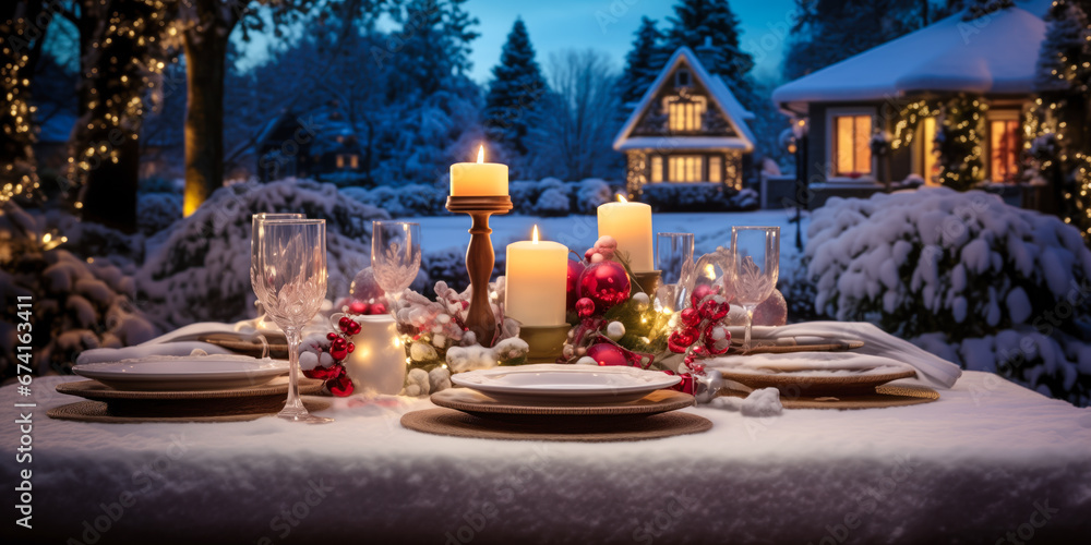 Christmas outdoor dinner table setting in the snow with lights, candles and ornaments at night, wide, winter holiday season, tablescape Christmas outdoor dinner table setting in the snow with lights, candles and ornaments at night, wide, winter holiday season, tablescape