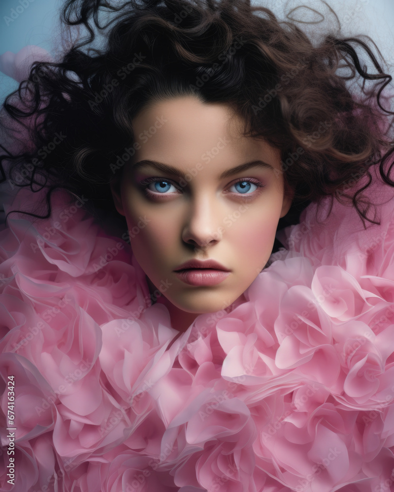 Fashion portrait of a woman with flowers. Pink tones, old-fashioned.