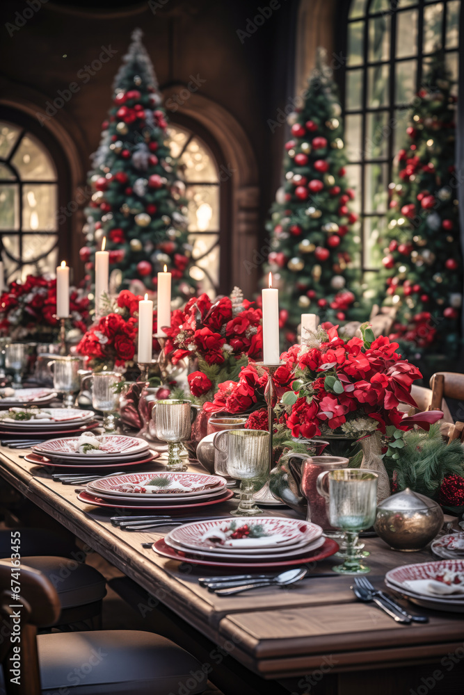 Christmas dinner table setting with decorated trees, red flowers and candles, vertical, winter holiday season, tablescape