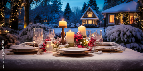 Christmas outdoor dinner table setting in the snow with lights, candles and ornaments at night, wide, winter holiday season, tablescape