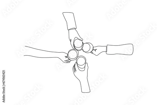 One continuous line drawing of Happy people clinking glasses and drinking at celebratory party. Friends concept. Doodle vector illustration in simple linear style.