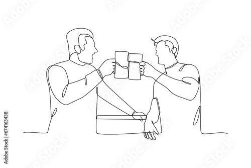 One continuous line drawing of Happy people clinking glasses and drinking at celebratory party. Friends concept. Doodle vector illustration in simple linear style.