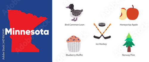 Minnesota states with symbol icon of common loon blueberry muffin ice hockey Norway pine illustration