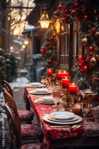 Christmas outdoor dinner table setting with candles, ornaments and garlands at night, vertical, winter holiday season, tablescape