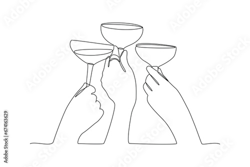 One continuous line drawing of Happy people clinking glasses and drinking at celebratory party. Friends concept. Doodle vector illustration in simple linear style.