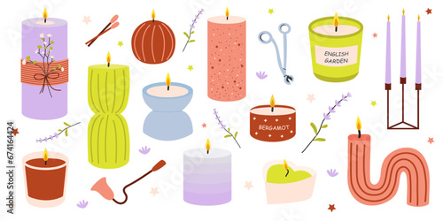 Vector set of candles. Decorative wax candles of different sizes and shapes. Aromatic candles. Hand drawn vector set. Whimsical and beautiful candles. White isolated background. 