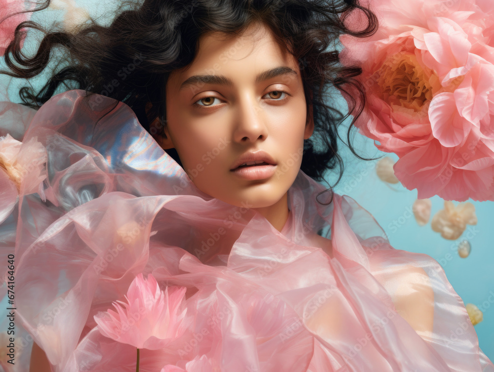 Fashion portrait of a woman with flowers. Pink tones, old-fashioned. Fashion portrait of a woman with flowers. Pink tones, old-fashioned.
