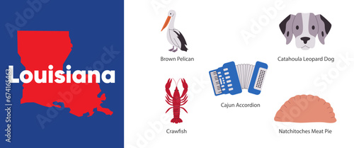 Louisiana states with symbol icon of Natchitoches meat pie cajun accordion catahoula leopard dog brown pelican crawfish illustration